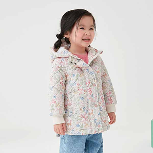 Cream/Pink Floral Shower Resistant Quilted Padded Coat (3mths-6yrs)