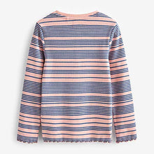 Load image into Gallery viewer, Pink/Navy Stripe Ribbed Long Sleeve Top With Placket (3-12yrs)
