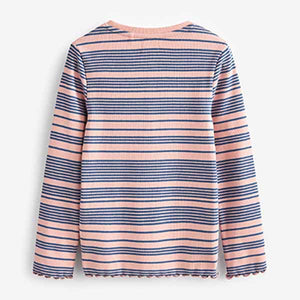 Pink/Navy Stripe Ribbed Long Sleeve Top With Placket (3-12yrs)