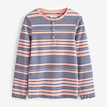 Load image into Gallery viewer, Pink/Navy Stripe Ribbed Long Sleeve Top With Placket (3-12yrs)
