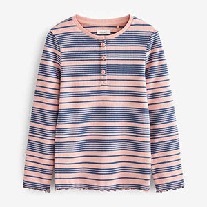 Pink/Navy Stripe Ribbed Long Sleeve Top With Placket (3-12yrs)