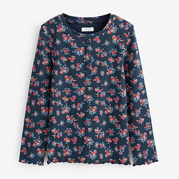 Navy Blue Floral Ribbed Long Sleeve Top With Placket (3-12yrs)