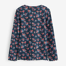 Load image into Gallery viewer, Navy Blue Floral Ribbed Long Sleeve Top With Placket (3-12yrs)
