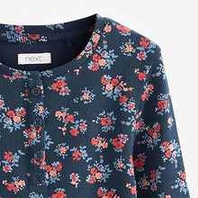 Load image into Gallery viewer, Navy Blue Floral Ribbed Long Sleeve Top With Placket (3-12yrs)
