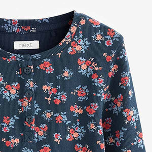 Navy Blue Floral Ribbed Long Sleeve Top With Placket (3-12yrs)