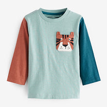 Load image into Gallery viewer, Blue/Orange Tiger Colourblock Long Sleeve Pocket T-Shirt (3mths-5yrs)
