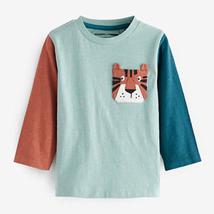 Blue/Orange Tiger Colourblock Long Sleeve Pocket T-Shirt (3mths-5yrs)