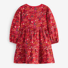 Load image into Gallery viewer, Red Floral Tiered Jersey Dress (3mths-6yrs)

