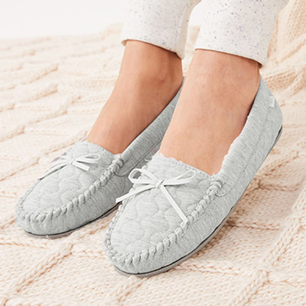Grey Quilted Faux Fur Lined Moccasin Slippers