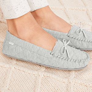 Grey Quilted Faux Fur Lined Moccasin Slippers