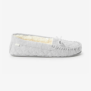 Grey Quilted Faux Fur Lined Moccasin Slippers