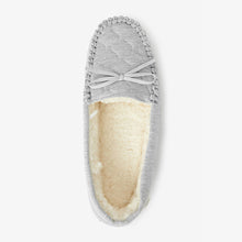 Load image into Gallery viewer, Grey Quilted Faux Fur Lined Moccasin Slippers
