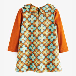 Orange Retro Flower Pinafore Dress And T-Shirt Set (3mths-6yrs)