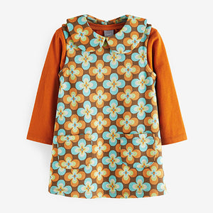 Orange Retro Flower Pinafore Dress And T-Shirt Set (3mths-6yrs)