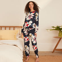 Load image into Gallery viewer, Navy Blue Floral Cotton Long Sleeve Pyjamas
