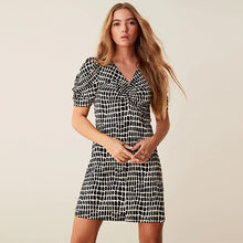 Load image into Gallery viewer, Black / White Ruched V-Neck Short Sleeve Midi Tea Dress
