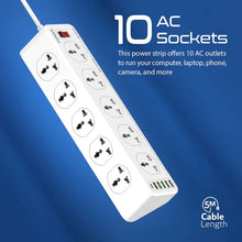 Load image into Gallery viewer, 10AC Socket Space Efficient Power Strip with USB Ports
