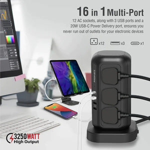 PROMATE 16-in-1 Multi-Socket Surge Protected Power Tower 5M