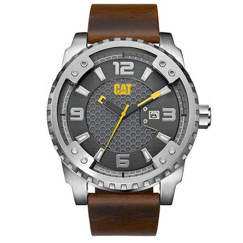 CAT Grid Men's Analog Gunmetal with Brown Leather Strap Watch - Allsport