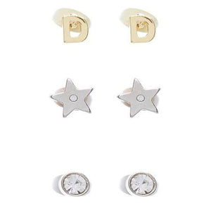 3PK Silver Tone Initial Star Stud Earrings - Allsport