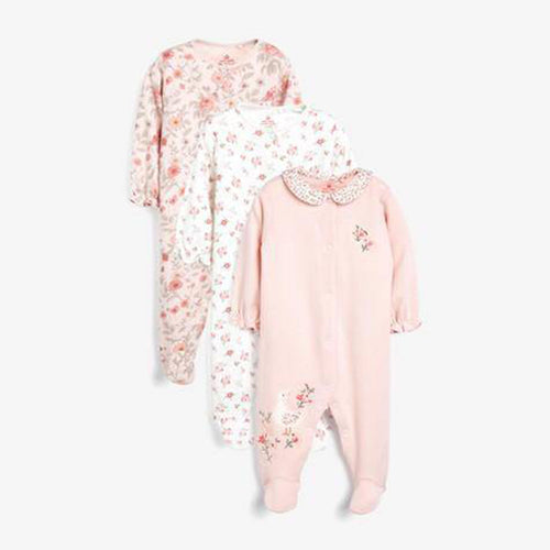 3PK PINK EMBROIDERED FLORAL SLEEPSUITS  (0MTH-18MTHS) - Allsport