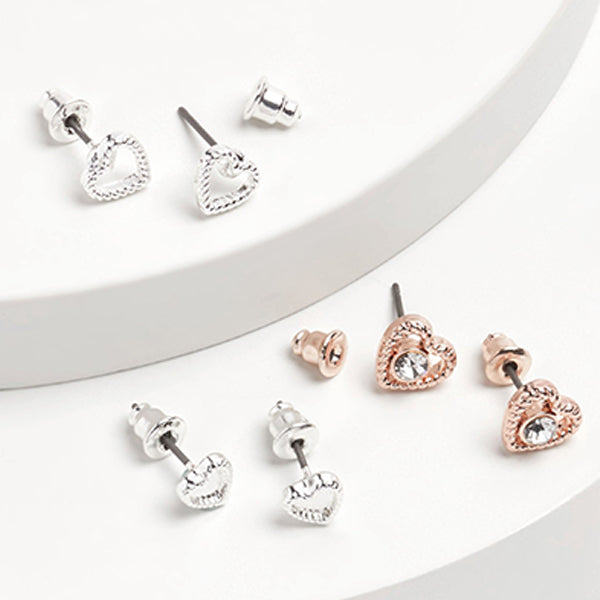 Rose Gold Tone/Silver Tone Heart Stud Earrings 3 Pack