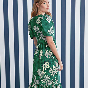 Green Floral Celia Birtwell Short Sleeve Midi Dress