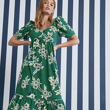 Load image into Gallery viewer, Green Floral Celia Birtwell Short Sleeve Midi Dress
