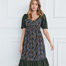 Load image into Gallery viewer, Black Floral Celia Birtwell Short Sleeve Midi Dress

