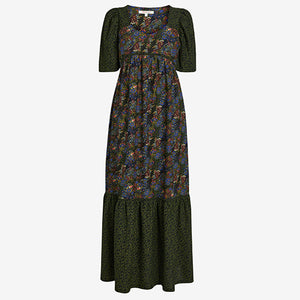 Black Floral Celia Birtwell Short Sleeve Midi Dress