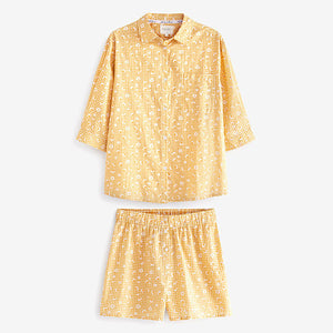 Ochre Yellow Gingham Cotton Button Through Pyjama Short Set