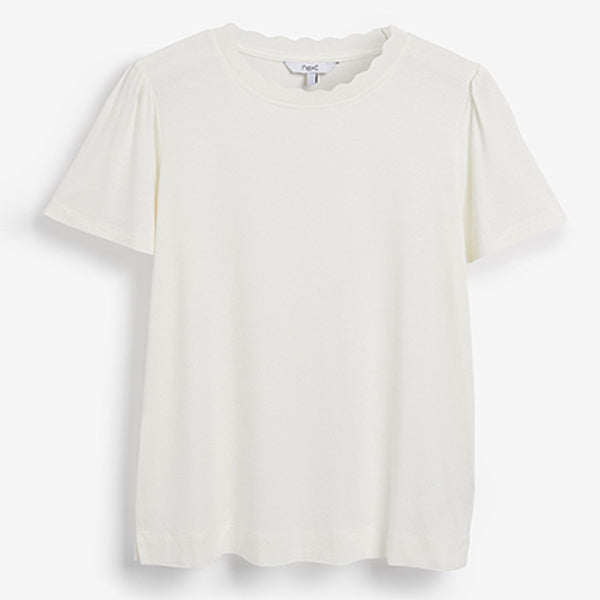 Cream Scallop Neck Short Sleeve T-Shirt