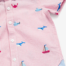 Load image into Gallery viewer, Red/White Stripe Short Sleeve Embroidered Seersucker Shirt (3mths-5yrs)
