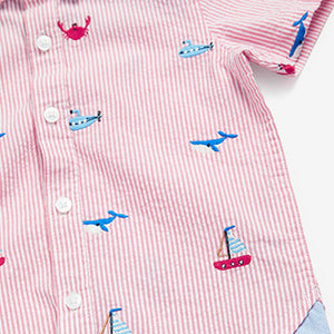 Red/White Stripe Short Sleeve Embroidered Seersucker Shirt (3mths-5yrs)