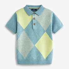 Load image into Gallery viewer, Blue Short Sleeve Argyle Pattern Knitted Polo Shirt (3mths-5yrs)
