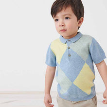 Load image into Gallery viewer, Blue Short Sleeve Argyle Pattern Knitted Polo Shirt (3mths-5yrs)
