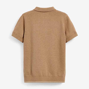Brown Tan Short Sleeve Check Knit Polo Shirt (3-12yrs)