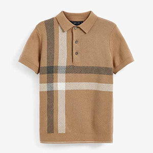Brown Tan Short Sleeve Check Knit Polo Shirt (3-12yrs)