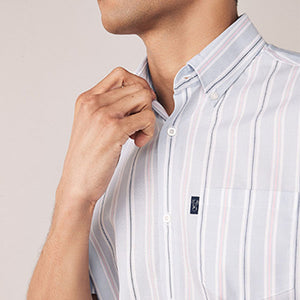 Blue/White Stripe Regular Fil Single Cuff Easy Iron Button Down Oxford Shirt
