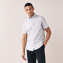 Load image into Gallery viewer, Blue/White Stripe Regular Fil Single Cuff Easy Iron Button Down Oxford Shirt
