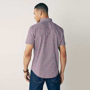 Reg/Navy Blue Gingham Check Regular Fit Short Sleeve Easy Iron Button Down Oxford Shirt