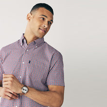 Load image into Gallery viewer, Reg/Navy Blue Gingham Check Regular Fit Short Sleeve Easy Iron Button Down Oxford Shirt
