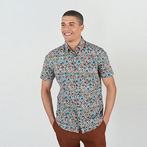 Multicoloured Floral Regular Fit Short Sleeve Printed Trimmed Shirt