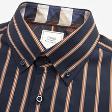 Load image into Gallery viewer, Navy Blue/Rust Brown Stripe Regular Fit Short Sleeve Trimmed Shirt
