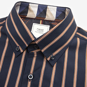 Navy Blue/Rust Brown Stripe Regular Fit Short Sleeve Trimmed Shirt