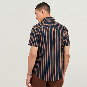 Navy Blue/Rust Brown Stripe Regular Fit Short Sleeve Trimmed Shirt