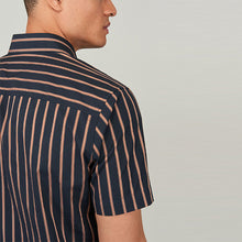 Load image into Gallery viewer, Navy Blue/Rust Brown Stripe Regular Fit Short Sleeve Trimmed Shirt
