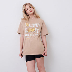 Neutral brown Flower Slogan T-Shirt (3-12yrs)