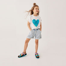 Load image into Gallery viewer, White/Blue Shiny Sequin Heart T-Shirt (3-12yrs)
