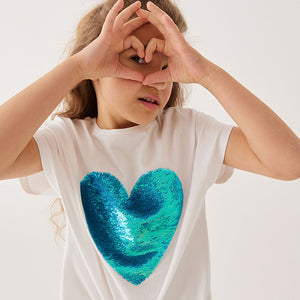 White/Blue Shiny Sequin Heart T-Shirt (3-12yrs)